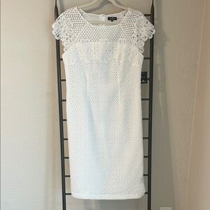 Phase 7 Seven- White Midi Sheath Dress with Cap Sleeves and Crew Neck